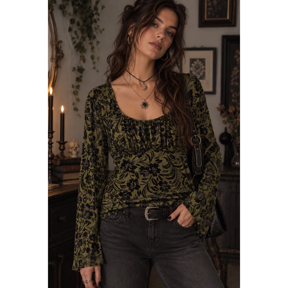 Sundance Green Black Floral Burnout Velvet Blouse Boho Whimsigoth Womens Medium